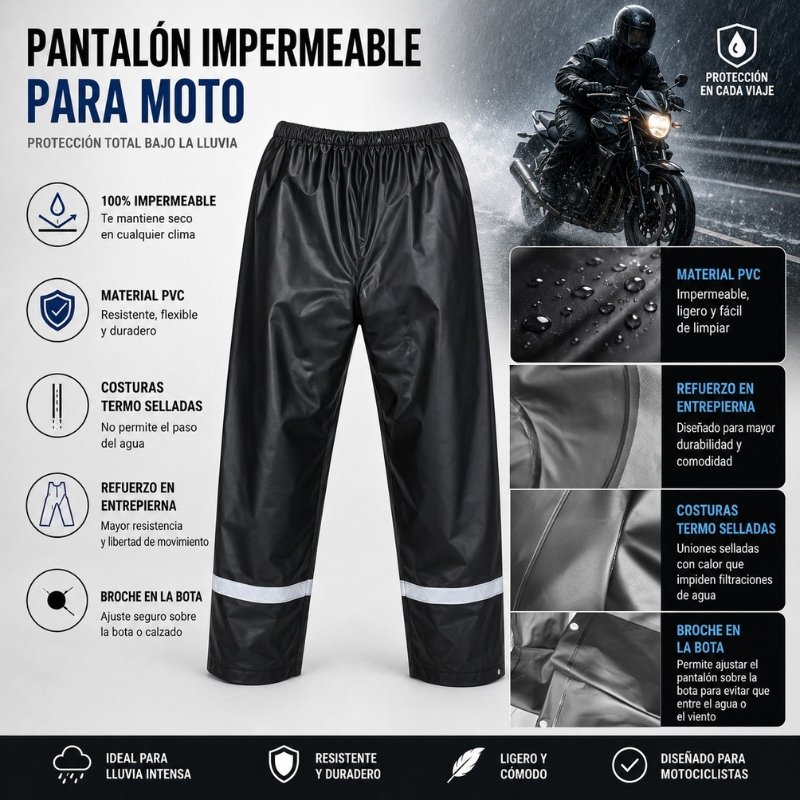 pantalón impermeable moto, pantalón PVC calibre 16, impermeable termosellado, ropa lluvia motociclista, pantalón reflectivo moto, impermeable sin costuras, protección lluvia moto
